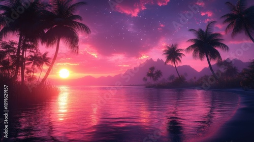 A serene sunset over a tranquil beach with palm trees and mountains in the background.