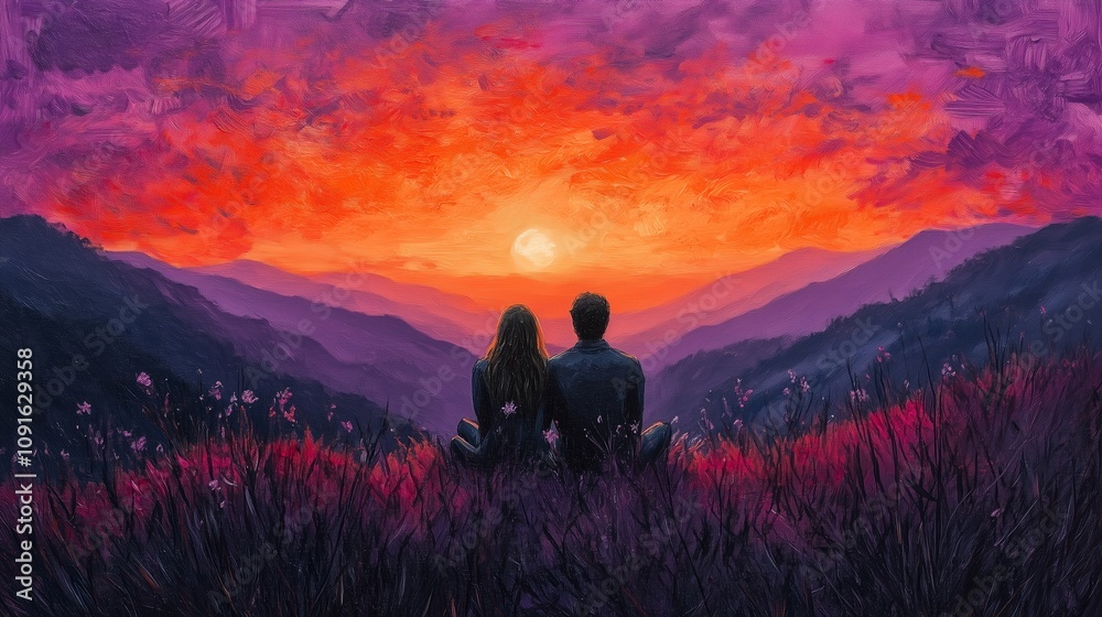 Fototapeta premium A stunning acrylic-style illustration of a romantic couple sitting on a hill, gazing at an intensely colorful sunset over a tranquil mountain lake. 