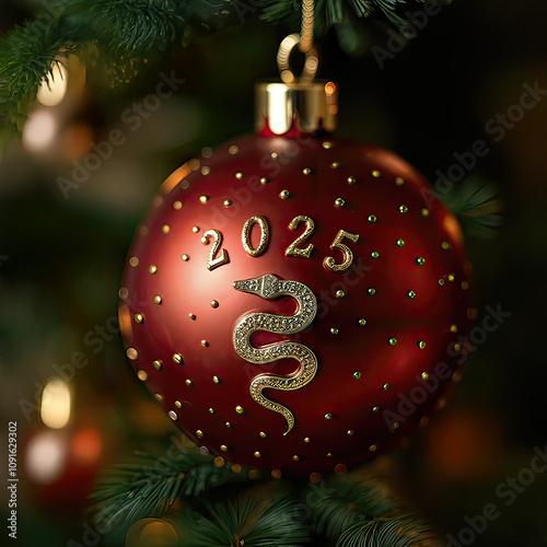 Close-up of a beautifully decorated red ball covered with sequins hanging from a Christmas tree. The ball is decorated with the inscription 