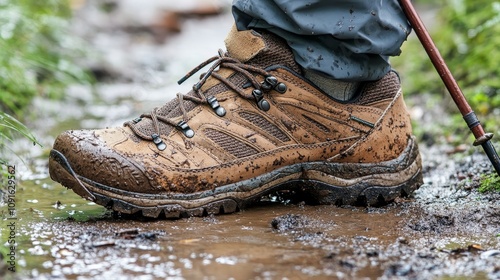 Close-up of a rugged hiking boot trekking through a muddy path, showcasing outdoor adventure and durability in wet conditions. photo