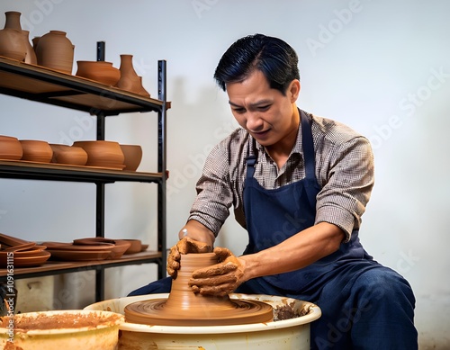 A potter shaping clay on a spinning wheel in a studio