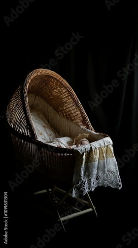 Vintage Wicker Cradle with Baby Doll