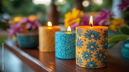 Festive table adorned with Diwali gifts and vibrant candles celebrating the festival of lights photo