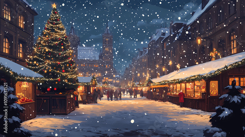 A beautiful christmas market in the town square, generative ai. Renaissance Market Square. Illustration