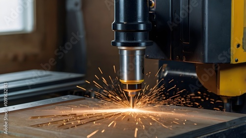 Close-up shot of machine with numerical control cuts wood. Cnc tool.