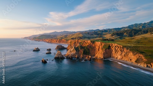 Breathtaking Aerial View of Rugged California Coastline at Sunset