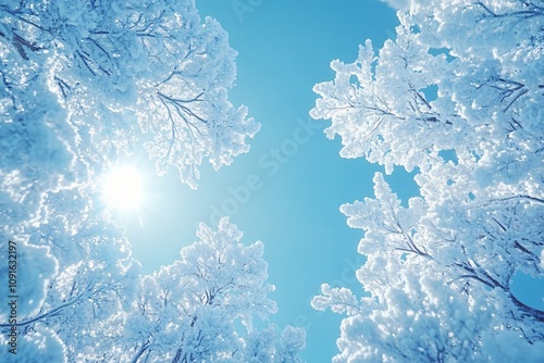 Winter wonderland with frosty trees and bright sun above during the Christmas season