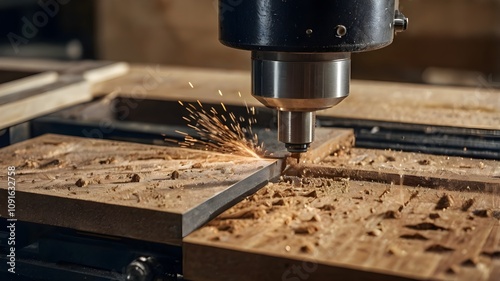 Close-up shot of machine with numerical control cuts wood. Cnc tool.