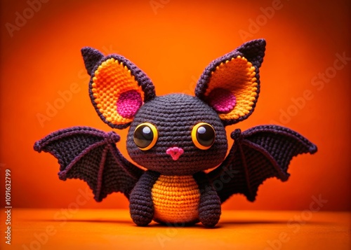 Handmade Crochet Bat on Vibrant Orange Background Perfect for Halloween Decor and Craft Enthusiasts, Showcasing Unique Artistry and Colorful Design Elements photo