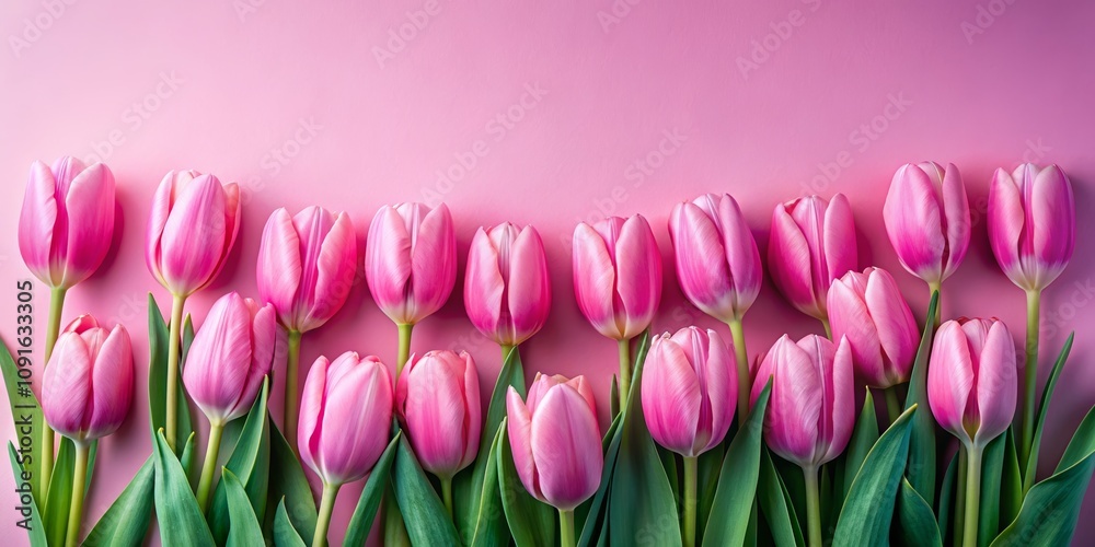 Fototapeta premium Elegant Arrangement of Soft Pink Tulips on a Gentle Pink Background Showcasing Artistic Composition and Framing for Stunning Visual Appeal