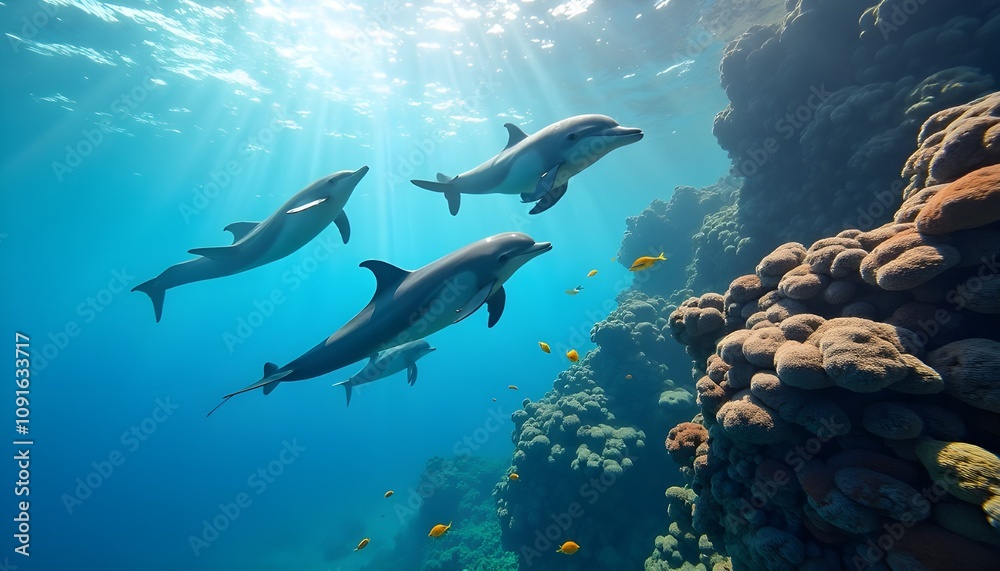 Fototapeta premium A breathtaking underwater shot that captures the dynamic movement of a pod of dolphins in crystal-clear waters