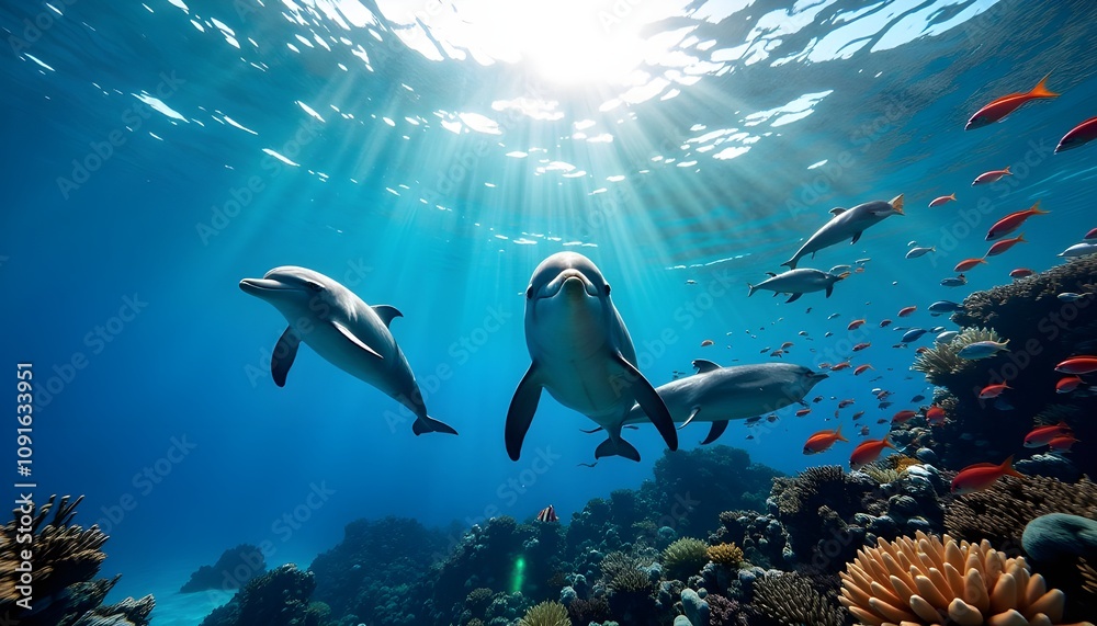 Fototapeta premium A breathtaking underwater shot that captures the dynamic movement of a pod of dolphins in crystal-clear waters