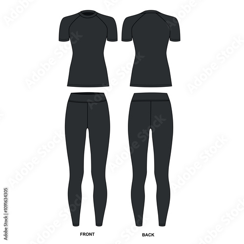 Set of short sleeve rashguard and leggings drawing templates, front and back view, vector. Sketch sports uniform jersey and leggings, black color. 