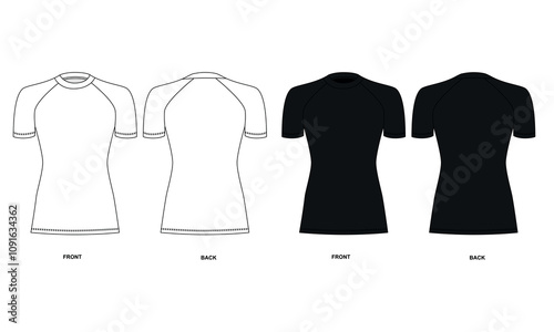 Short sleeve rashguard sketch set, front and back view, vector. Sketch of short sleeve sports jersey rashguard, black and white colors. Drawing of jersey t-shirt, vector.