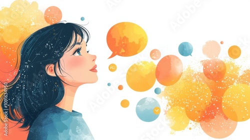 Young woman with dark hair looking up thoughtfully, surrounded by colorful speech bubbles and vibrant abstract shapes illustrating creativity and communication concepts