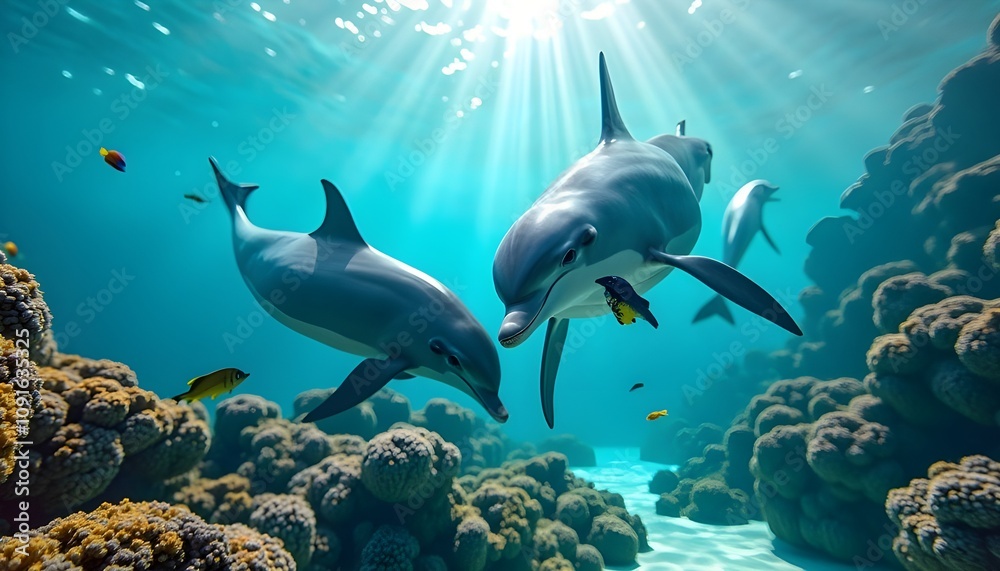 Obraz premium A breathtaking underwater shot that captures the dynamic movement of a pod of dolphins in crystal-clear waters
