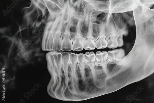 Close-up X-ray of teeth, white and black photo