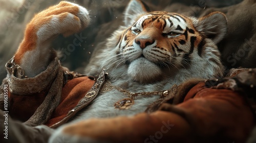 A tiger is depicted relaxing proudly in an opulent, elegant costume, showcasing a harmonious blend of wildlife majesty and historical elegance. photo