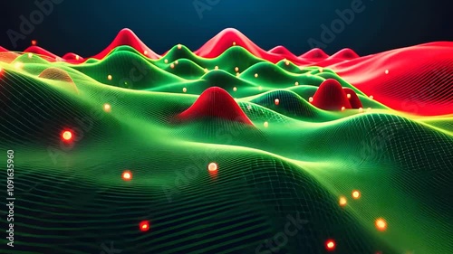 Digital Neon Landscape with Glowing Green and Red Waves

 photo