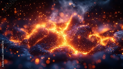 Abstract fiery glowing particles with smoke.