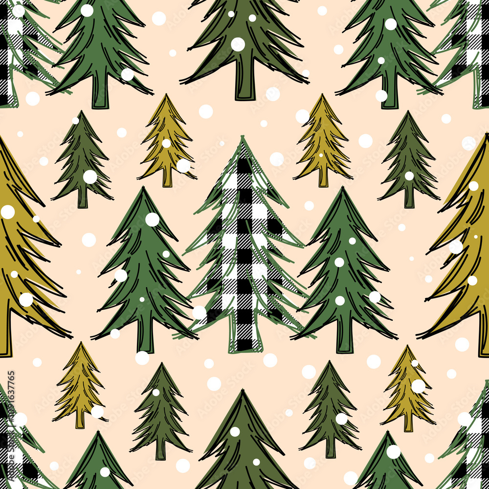 Obraz premium Evergreen fir trees form a seamless Christmas pattern on a pink background for holiday wrapping paper. 