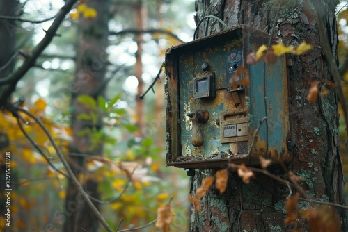 An old, rusted control box mounted on a tree trunk is partially concealed by autumn leaves. The forest ambiance is calm, with muted colors and soft lighting. photo