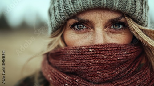 A close-up of a woman with blonde hair and piercing blue eyes, mostly concealed by a reddish-brown scarf and cap, exuding warmth and enigma.