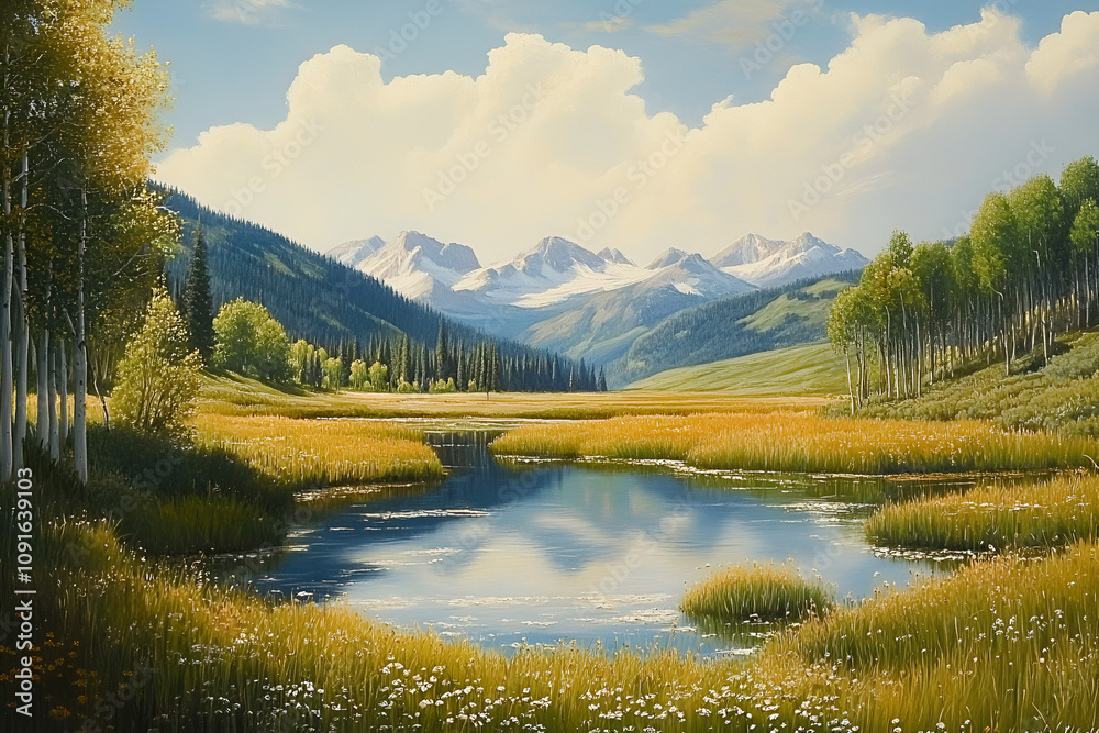 Fototapeta premium painting beautiful Colorado meadow with distant mountains lake Aspens season