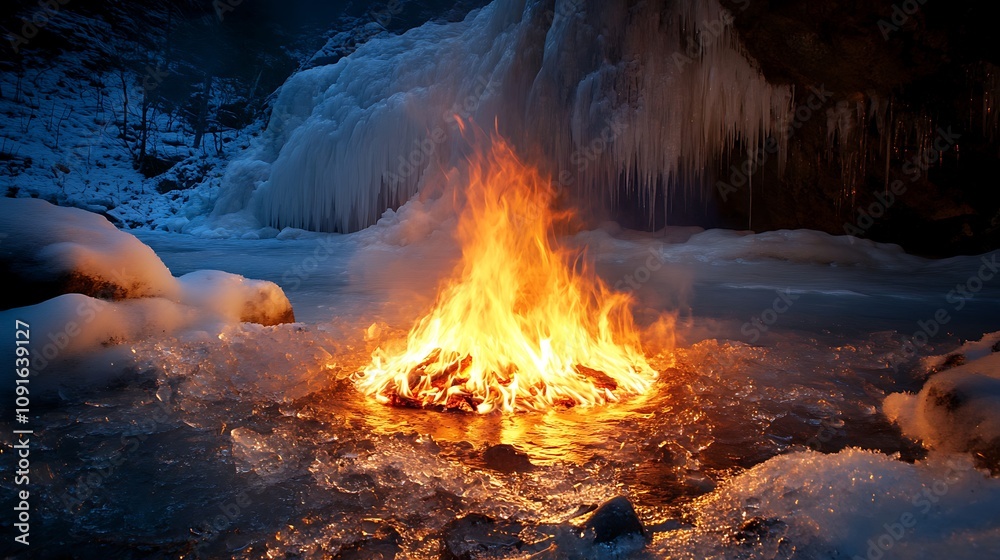 Fiery Bonfire Burns Brightly Amidst Winter Ice Fiery Bonfire Burns Brightly Amidst Winter Ice
