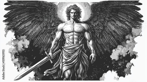 drawing muscular man with sword and wings .Generative AI