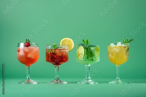 Four bright cocktail glasses on green background photo