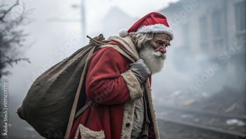 Weihnachtsmann als Bettler / Landstreicher in einer dystopischen Umgebung mit Nebel und Kälte photo