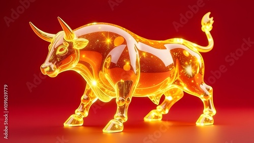 Shiny gold glass bull on a monochrome background