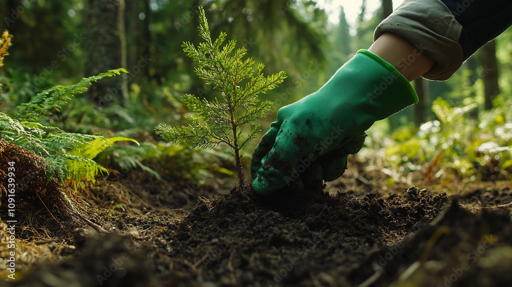 Naklejka premium Close-Up of Hand Planting Evergreen Sapling in Forest Soil