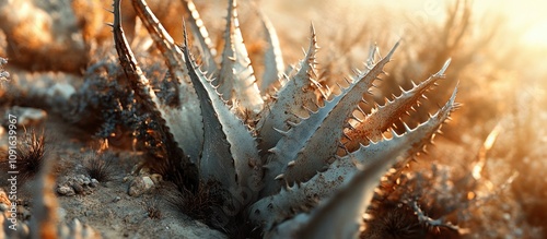 Close-up of a spiky succulent plant bathed in warm sunlight, showcasing its detailed texture and sharp edges against a blurred desert backdrop.