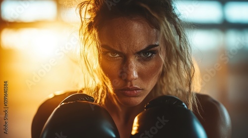 A fierce and determined expression of a woman in boxing gloves, her face illuminated by warm sunlight, with an industrial background, embodying strength and focus. photo