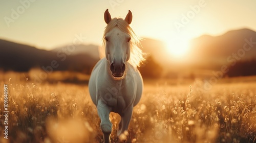 A majestic white horse gallops through a golden grassy field under a setting sun, capturing the magnificent beauty of nature and showcasing freedom and exhilaration. photo