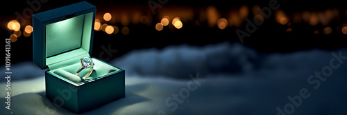 Engagement Ring in a gift box in snow on background of Norhtern Lights, magic still life, proposal concept, web banner