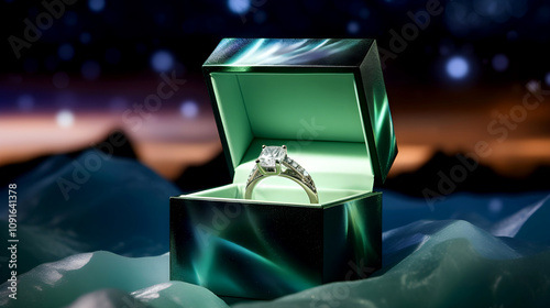 Engagement Ring in a gift box in snow on background of Norhtern Lights, magic still life, proposal concept