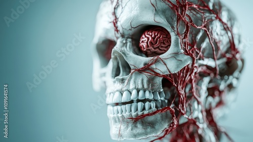 An anatomical depiction of a skull from a side view, showing the brain and veins clearly. The image offers a precision and insight into human anatomical structure. photo