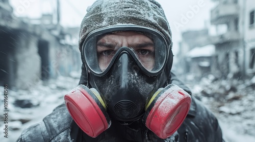 A person wearing a gas mask in a snowy ruined landscape. The scene is heavy with themes of survival and resilience in post-apocalyptic settings. photo