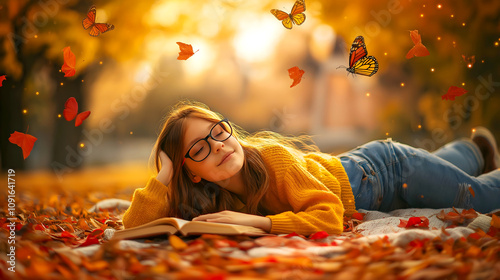 Girl lying on autumn leaves in park, reading a book, with butterflies flying around her and a castle in the background, concept of reading and imagination, web banner