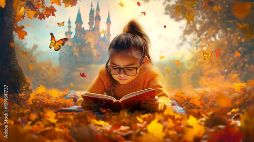 Girl lying on autumn leaves in park, reading a book, with butterflies flying around her and a castle in the background, concept of reading and imagination, web banner