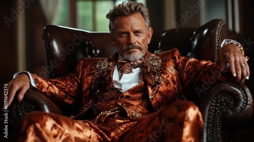 A distinguished man in an extravagant, orange floral suit sits confidently in a large leather armchair, exuding power and sophistication in a luxurious setting.