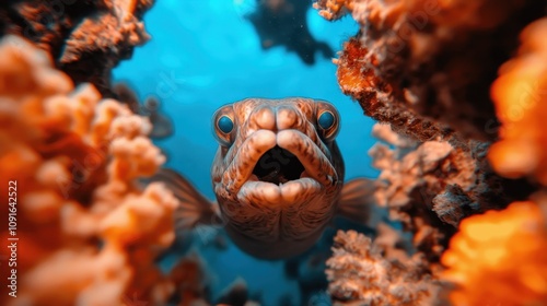 A startled fish opens its mouth wide in an oceanic realm surrounded by colorful corals, capturing a fascinating moment of life beneath blue-green waters, full of surprises.
