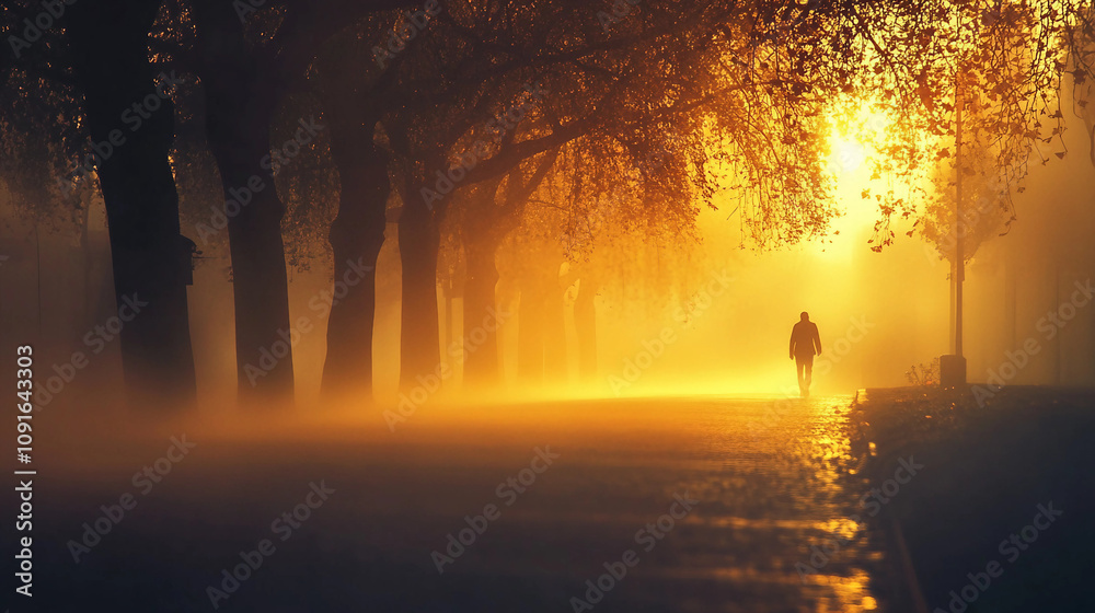 Fototapeta premium Lone Figure Walking Through Misty Street at Sunset