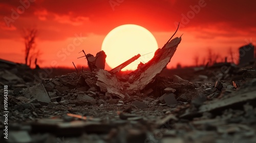 The scene captures a crumbling landscape under a setting sun with dramatic hues, representing the impending end of a day amid desolate ruins and solitude. photo