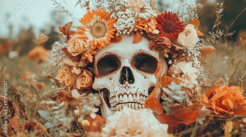 A skull adorned with a floral crown lies amidst a field of colorful blossoms, embodying themes of mortality and renewal with rich details and vibrant tones. photo