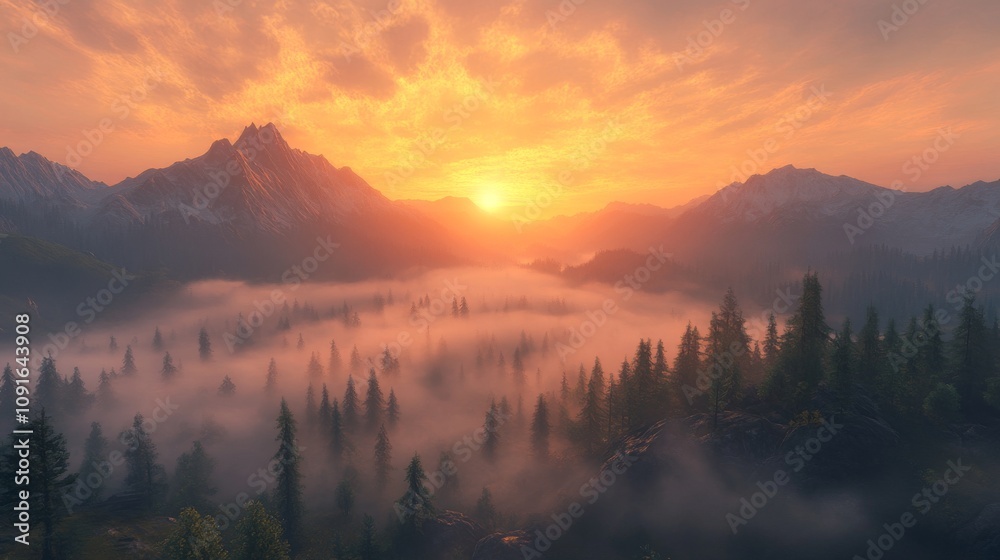 Obraz premium Majestic Mountain Sunset Over Foggy Forest Valley