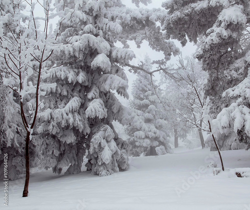 Winter scene in  forest. Trees on the mountain covered with snow.